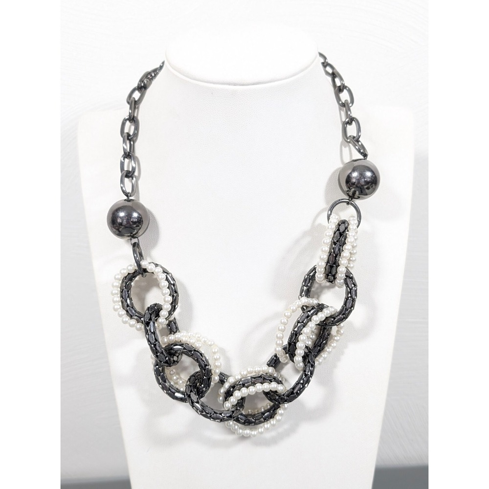 Western Boho Gray Metallic White Faux Pearl Chain Link Chunky Statement Necklace